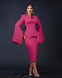Plus Size Solid Color Wide-Sleeve V-Neck Midi Dress BGN-BN346