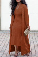 Solid-color Cape Coat+V-neck Dress Two Piece Set BGN-BN320
