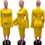 Plus Size Solid Color Wide-Sleeve V-Neck Midi Dress BGN-BN346