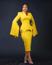 Plus Size Solid Color Wide-Sleeve V-Neck Midi Dress BGN-BN346