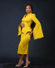 Plus Size Solid Color Wide-Sleeve V-Neck Midi Dress BGN-BN346