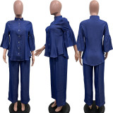 Plus Size Solid-Color Denim High-Neck Button Straight Pants Set BGN-BN316