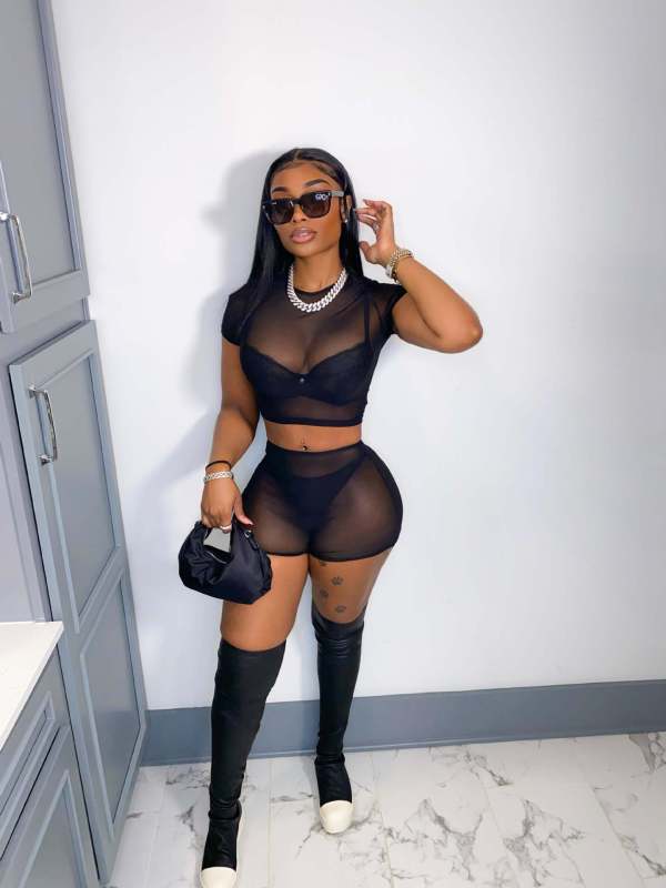 Sexy Mesh Short Sleeve Two Piece Shorts Set GWLS-LD201096