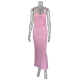 Solid Color Mesh Sling Maxi Dress GWLS-LD202508