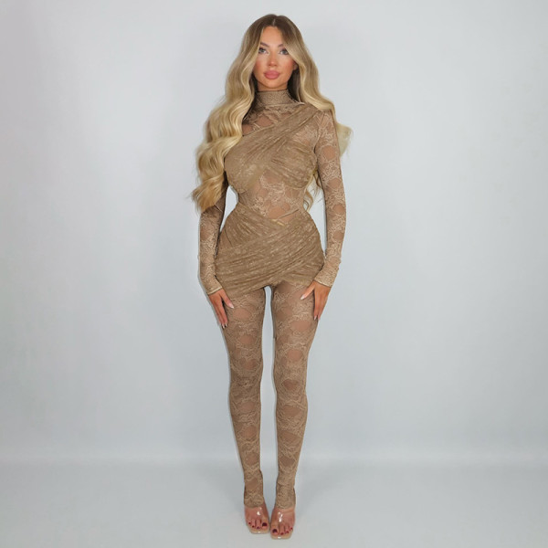 See Through Lace Long Sleeve Tight Jumpsuit GDSF-D25JP529