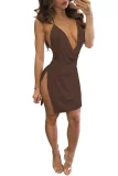 Plus Size Sexy Solid Color Sling Split Mini Dress GWLS-1702