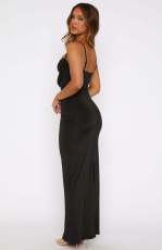 Sling Solid Color Hollow Out Ruched Maxi Dress GWLS-202502