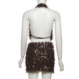 Halterneck V Neck Sexy Two Piece Skirts Set DLSF-K25S76192