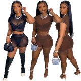Sexy Mesh Short Sleeve Two Piece Shorts Set GWLS-LD201096