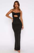 Sling Solid Color Hollow Out Ruched Maxi Dress GWLS-202502