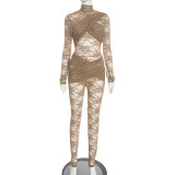 See Through Lace Long Sleeve Tight Jumpsuit GDSF-D25JP529