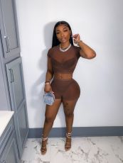 Sexy Mesh Short Sleeve Two Piece Shorts Set GWLS-LD201096