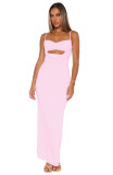 Sling Solid Color Hollow Out Ruched Maxi Dress GWLS-202502
