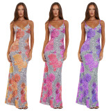 Mesh Print Slim Sling Maxi Dress GWLS-202406