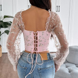 Embroidered Patchwork Mesh Underwire Fishbone Top GOMN-K0583