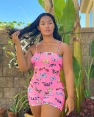 Plus Size Butterfly Print Backless Sling Romper GWLS-LD201025