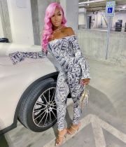 Printed Sexy Wrap Flare Sleeve Two-Piece Pant Set GWLS-LD201035