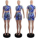 Short Sleeve Print Tie Up Two Piece Shorts Set GWLS-LD201067
