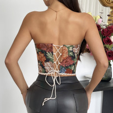 Floral Print Wrap Chest Lace-Up Bustier Tank Top GOMN-70112