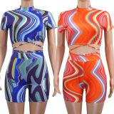 Short Sleeve Print Tie Up Two Piece Shorts Set GWLS-LD201067
