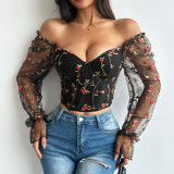 Embroidered Patchwork Mesh Underwire Fishbone Top GOMN-K0583