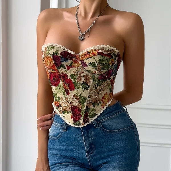 Floral Print Wrap Chest Lace-Up Bustier Tank Top GOMN-70112