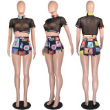 Mesh Short Sleeve Tops And Print Short Suit GWLS-LD9018