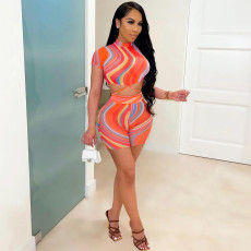 Short Sleeve Print Tie Up Two Piece Shorts Set GWLS-LD201067