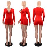 V Neck Solid Color Long Sleeve Romper GWLS-LD201019