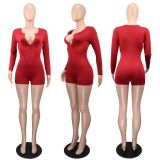 V Neck Solid Color Long Sleeve Romper GWLS-LD201019