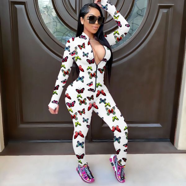 Butterfly Print Zipper Long Sleeve Jumpsuit GWLS-LD201031