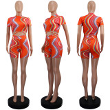 Short Sleeve Print Tie Up Two Piece Shorts Set GWLS-LD201067