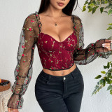 Embroidered Patchwork Mesh Underwire Fishbone Top GOMN-K0583