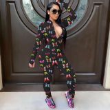 Butterfly Print Zipper Long Sleeve Jumpsuit GWLS-LD201031