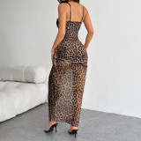 Leopard Print Lace Patchwork Sling Maxi Dress GOMN-60968