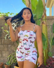 Plus Size Butterfly Print Backless Sling Romper GWLS-LD201025