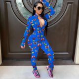 Butterfly Print Zipper Long Sleeve Jumpsuit GWLS-LD201031