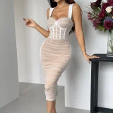 Mesh See Through Ruched Sling Midi Dress GOMN-71155