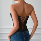 Necktie Solid Color Fishbone Lace-Up Underwire Tank Top  GOMN-70081