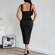 Mesh See Through Ruched Sling Midi Dress GOMN-71155
