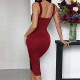 Mesh See Through Ruched Sling Midi Dress GOMN-71155