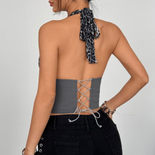 Leopard Patchwork Deep V Neck Halterneck Tank Top GOMN-71047
