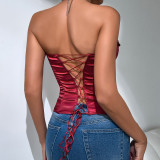 Necktie Solid Color Fishbone Lace-Up Underwire Tank Top  GOMN-70081