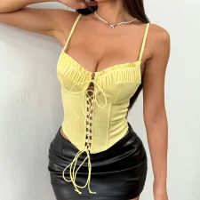 Patchwork Lace-Up Fishbone Spaghetti Strap Tank Top GOMN-71182