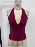 Halterneck Solid Color Zipper V Neck Tank Tops GOMN-71129
