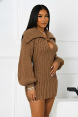 Solid Color Big Lapel Lantern Sleeve Sweater Mini Dress NY-MY110