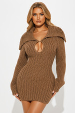 Solid Color Big Lapel Lantern Sleeve Sweater Mini Dress NY-MY110