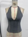 Halterneck Solid Color Zipper V Neck Tank Tops GOMN-71129