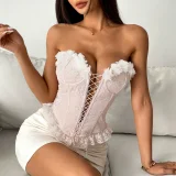 Lace Patchwork Tie Up Fishbone Tank Tops GOMN-70203