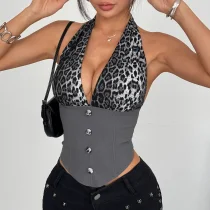 Leopard Patchwork Deep V Neck Halterneck Tank Top GOMN-71047